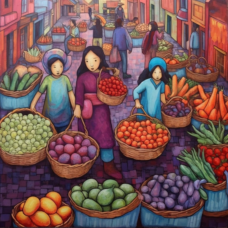 Vibrant Market Scene - Oil on Canvas – Modern Decorative