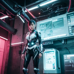 A futuristic cyborg with a neon-lit body and intricate circuitry