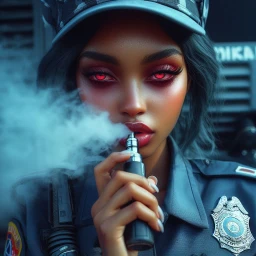 a red eyed ethiopian police officer vaping