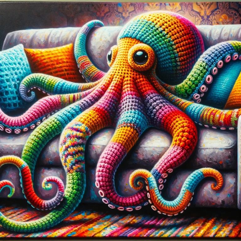 “Crocheted octopus on a couch”