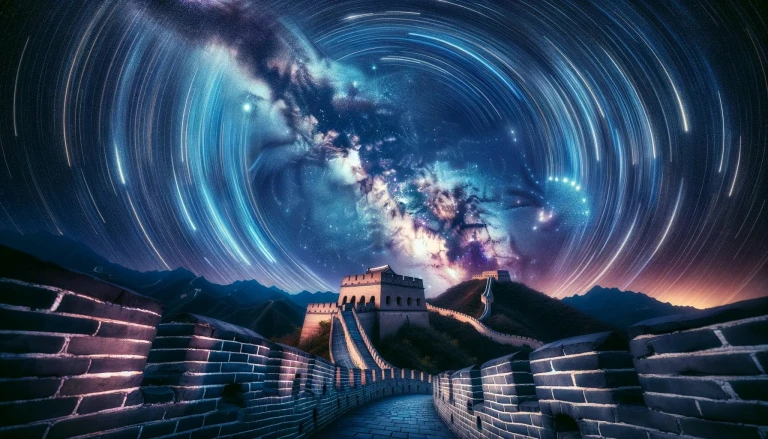 Time-lapse depiction of the Milky Way galaxy, seen from the Badaling section of the Great Wall of China at midnight