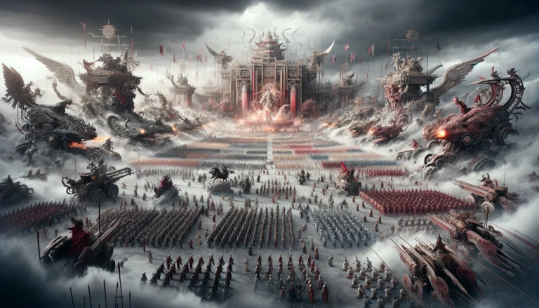 an epic battle amidst Chinese Dynasties-inspired machines