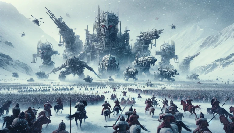 an epic battle amidst Chinese Dynasties-inspired machines