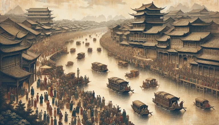 A traditional Chinese paintings that reimagines the scene from 'Qingming Shanghe Tu'《清明上河图》