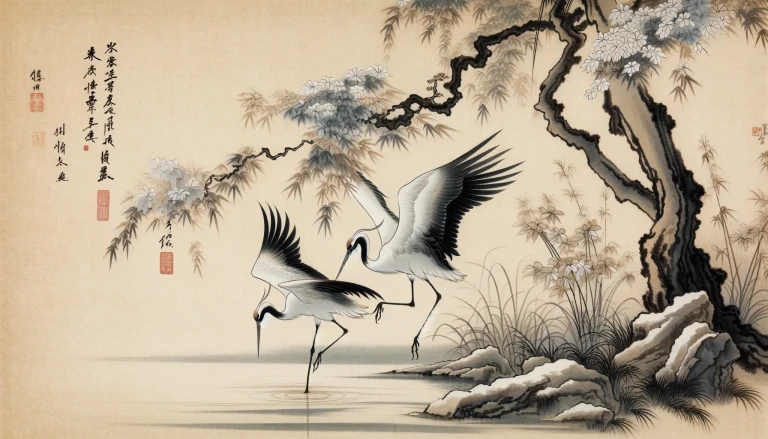 A traditional Chinese paintings that reimagines the scene from Song Huizong's 'Auspicious Cranes' 宋徽宗《瑞鹤图》