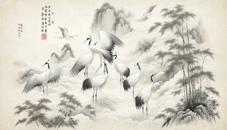 A traditional Chinese paintings that reimagines the scene from Song Huizong's 'Auspicious Cranes' 宋徽宗《瑞鹤图》