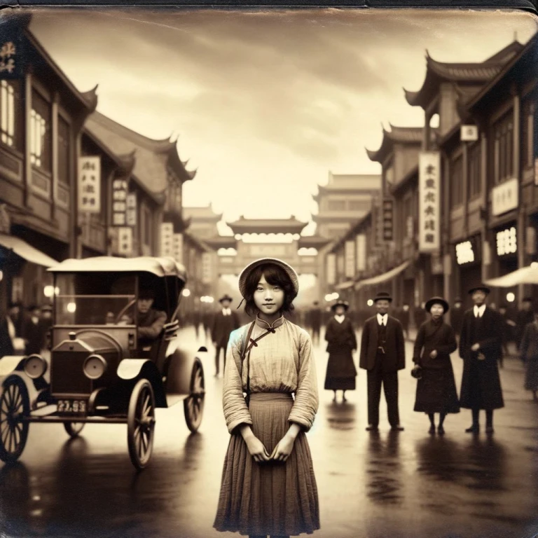 A young girl standing on a street in Nanjing, Republic of China (1920s)