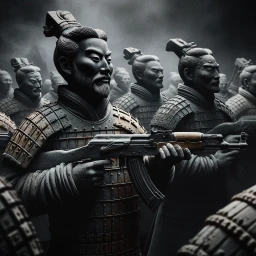 Ancient Terra Cotta Warriors clad in traditional armor, each holding a modern assault rifle