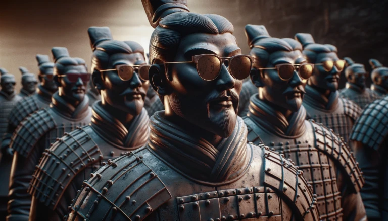 Ancient Terra Cotta Warriors clad in traditional armor, each wearing sunglasses