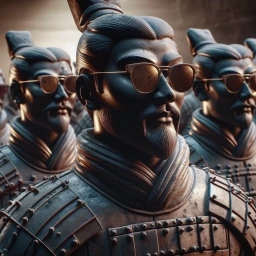 Ancient Terra Cotta Warriors clad in traditional armor, each wearing sunglasses