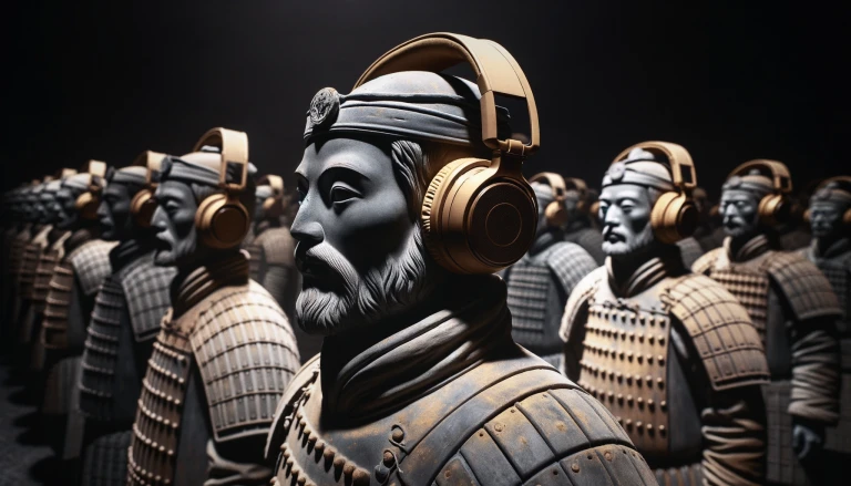 Ancient Terra Cotta Warriors clad in traditional armor, each wearing headphone