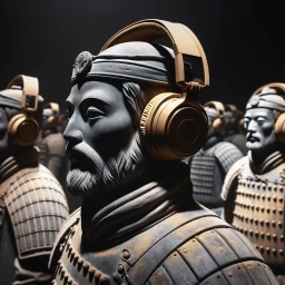 Ancient Terra Cotta Warriors clad in traditional armor, each wearing headphone