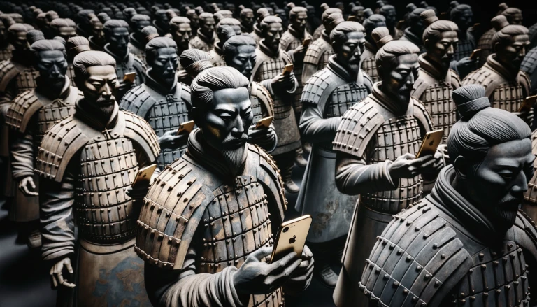 Ancient Terra Cotta Warriors clad in traditional armor, each holding an iPhone