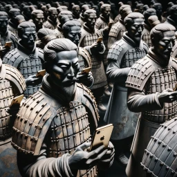 Ancient Terra Cotta Warriors clad in traditional armor, each holding an iPhone