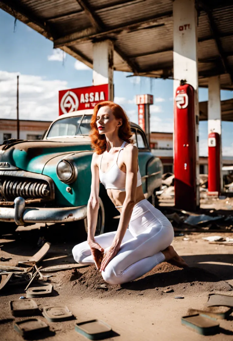 Yoga girl at destroyed gas station