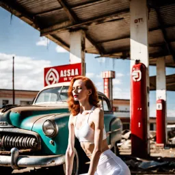 Yoga girl at destroyed gas station