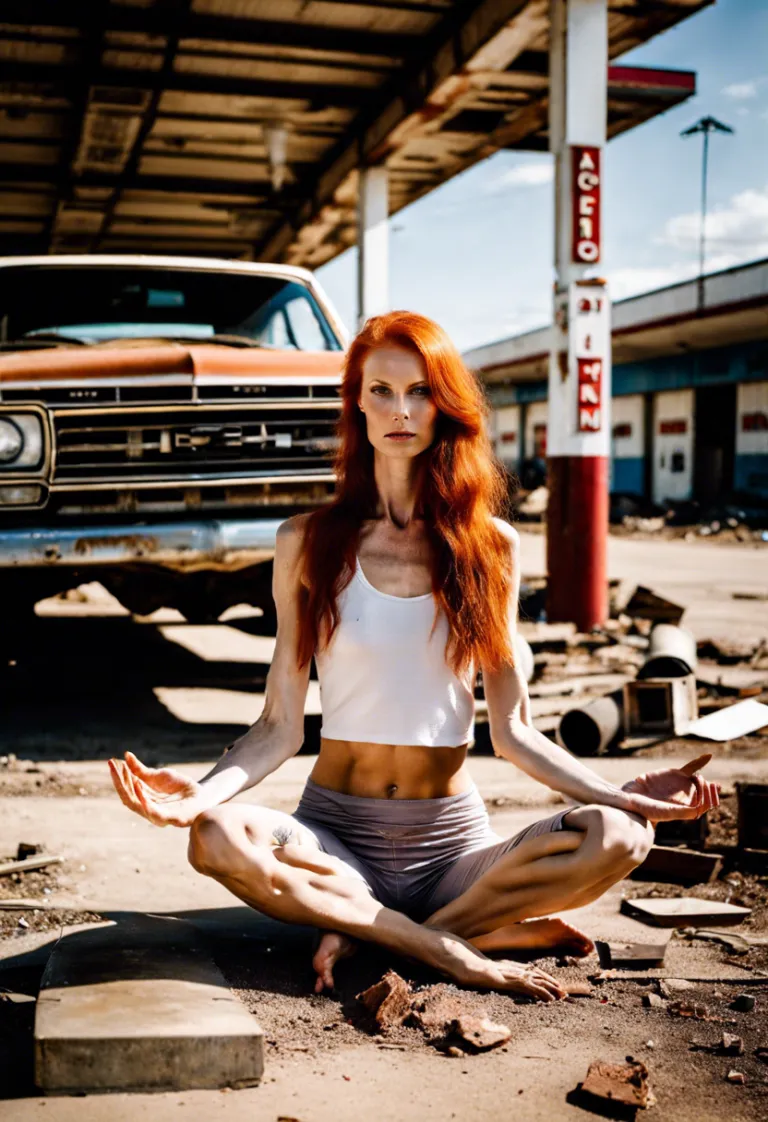 Yoga girl at destroyed gas station