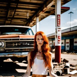 Yoga girl at destroyed gas station