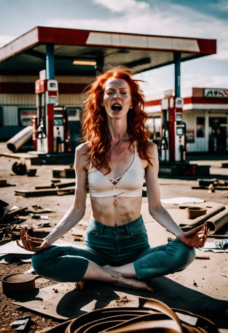 Yoga girl at destroyed gas station