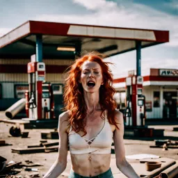 Yoga girl at destroyed gas station