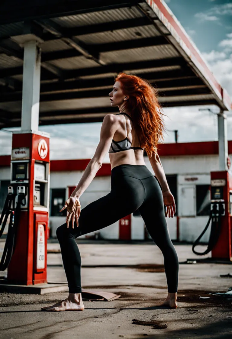 Yoga girl at destroyed gas station