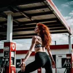 Yoga girl at destroyed gas station