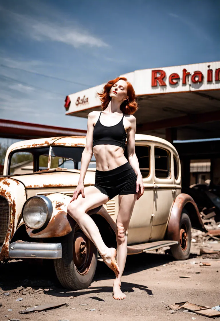 Yoga girl at destroyed gas station