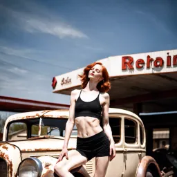 Yoga girl at destroyed gas station