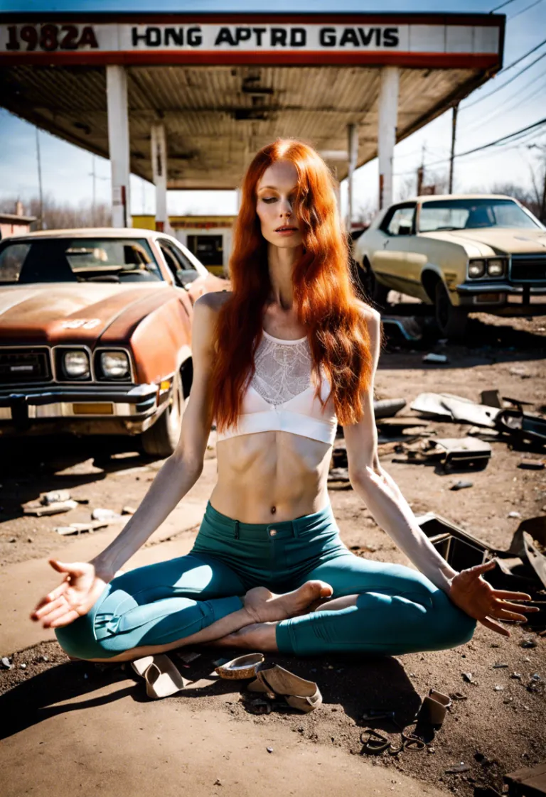 Yoga girl at destroyed gas station