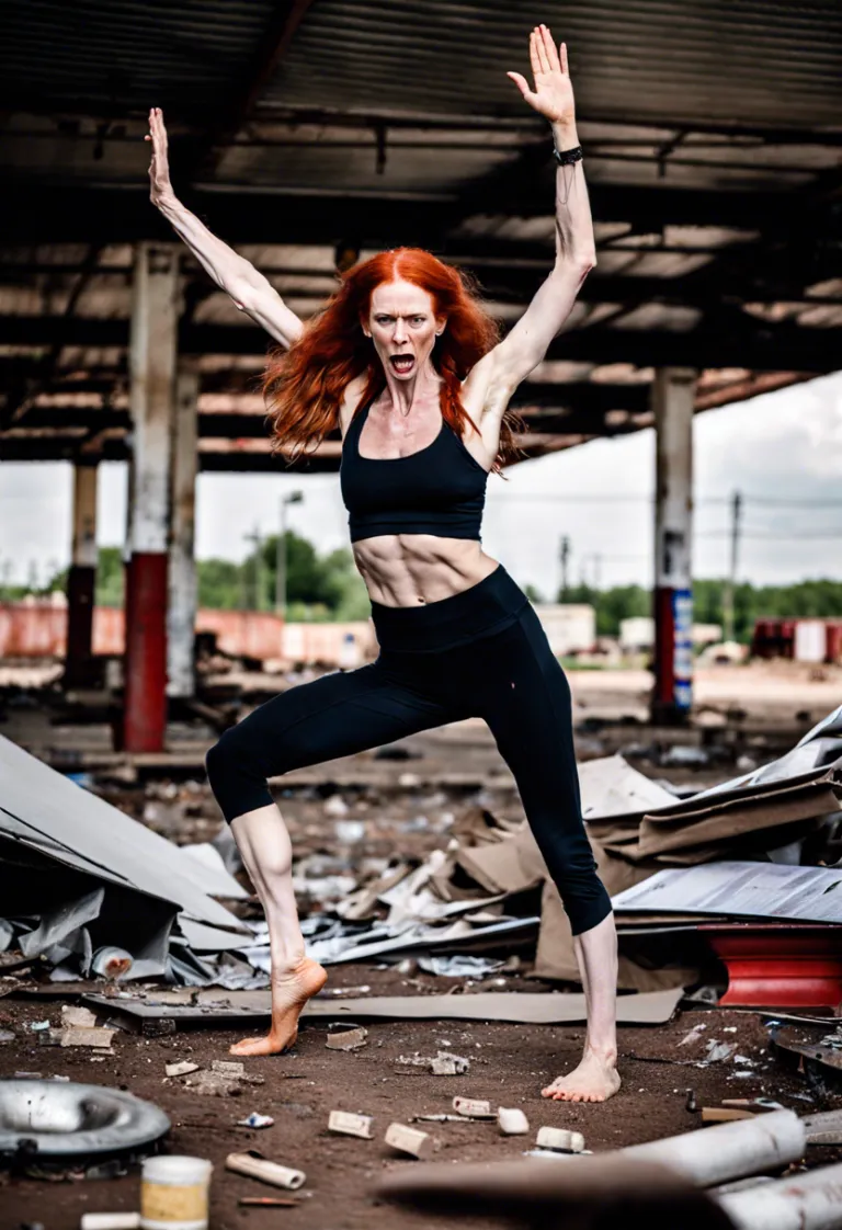 Yoga girl at destroyed gas station