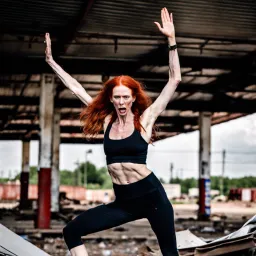 Yoga girl at destroyed gas station