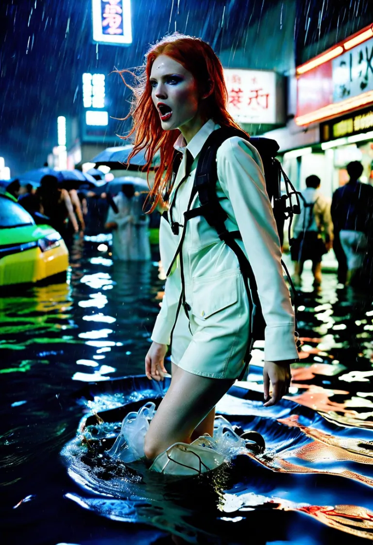 Flooded Neo Tokyo and redhair girl