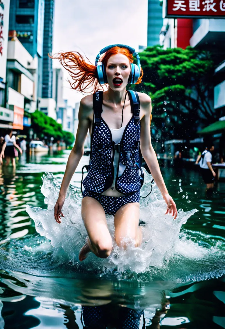 Flooded Neo Tokyo and redhair girl