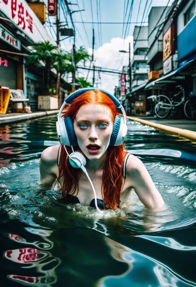 Flooded Neo Tokyo and redhair girl