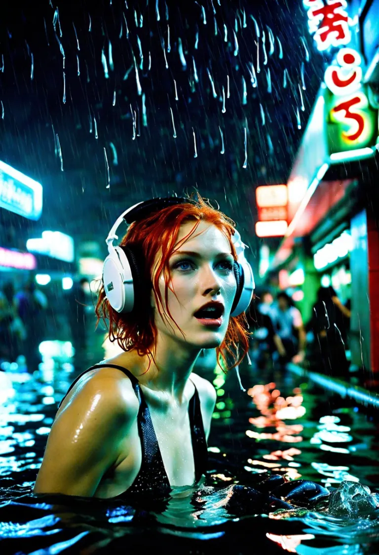 Flooded Neo Tokyo and redhair girl