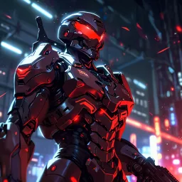 A futuristic cyborg soldier in a dark and fiery environment. The cyborg has a sleek metallic body with bright red accents and appears heavily armored.