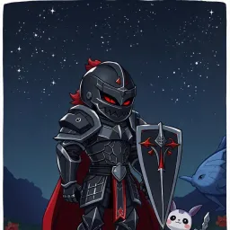 Chibi anime version of a Terran knight armored warrior in a dark, enchanted meadow, wearing sleek black armor with red highlights, surrounded by mystical creatures under a twinkling night sky.