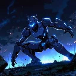 Humanoid combat robot in black and blue color, ruins background