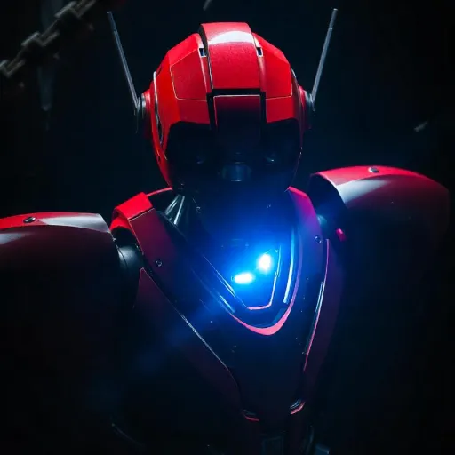A red and blue futuristic robot with glowing eyes and details, set against a dark background