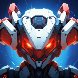 A futuristic mech suit with a sleek, angular design. The mech has a prominent chest piece with glowing red accents, and large shoulder-mounted thrusters. The background is a vibrant blue, suggesting a high-tech or sci-fi setting