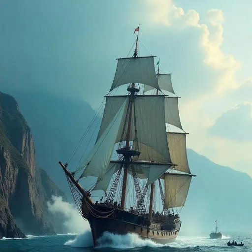 A large sailing ship with multiple masts and sails in a stormy sea, surrounded by rocky cliffs and mountains in the background. The ship appears to be in distress, with smoke or steam billowing from its deck. Several small boats or rafts are visible in th