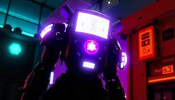 A large, dark robot with glowing purple and red lights, standing in a futuristic, neon-lit environment