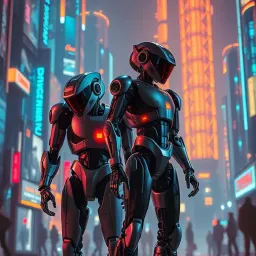 Two robotic characters in a futuristic, sci-fi setting with metallic elements, bold colors, and dynamic poses