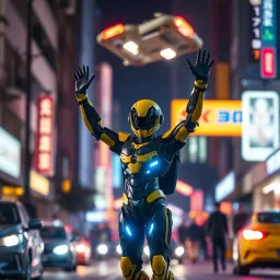 A black and yellow robot-like character with glowing blue accents, standing in a dynamic pose with its arms raised