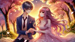 "Under the gentle glow of the sunset, two hearts find solace in each other, surrounded by the beauty of blooming cherry blossoms. Their smiles speak of love that transcends words."