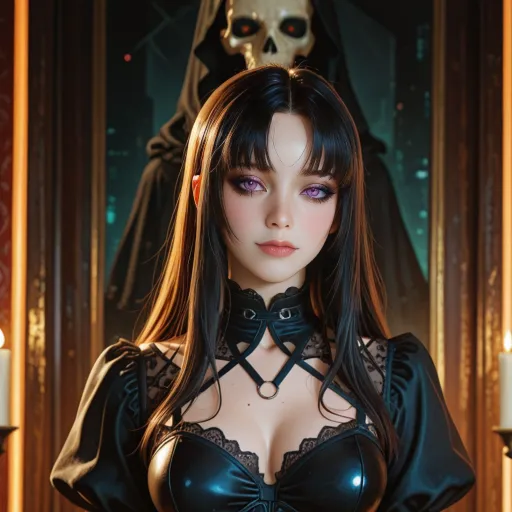 Beauty wrapped in shadows, crowned in skulls.