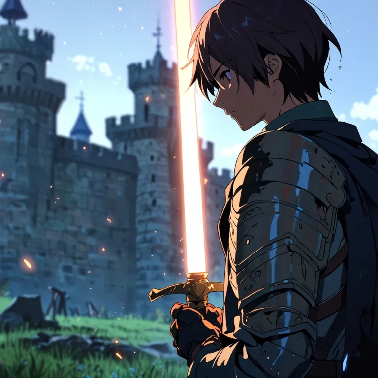 a knight holding a sword, with a castle in the background